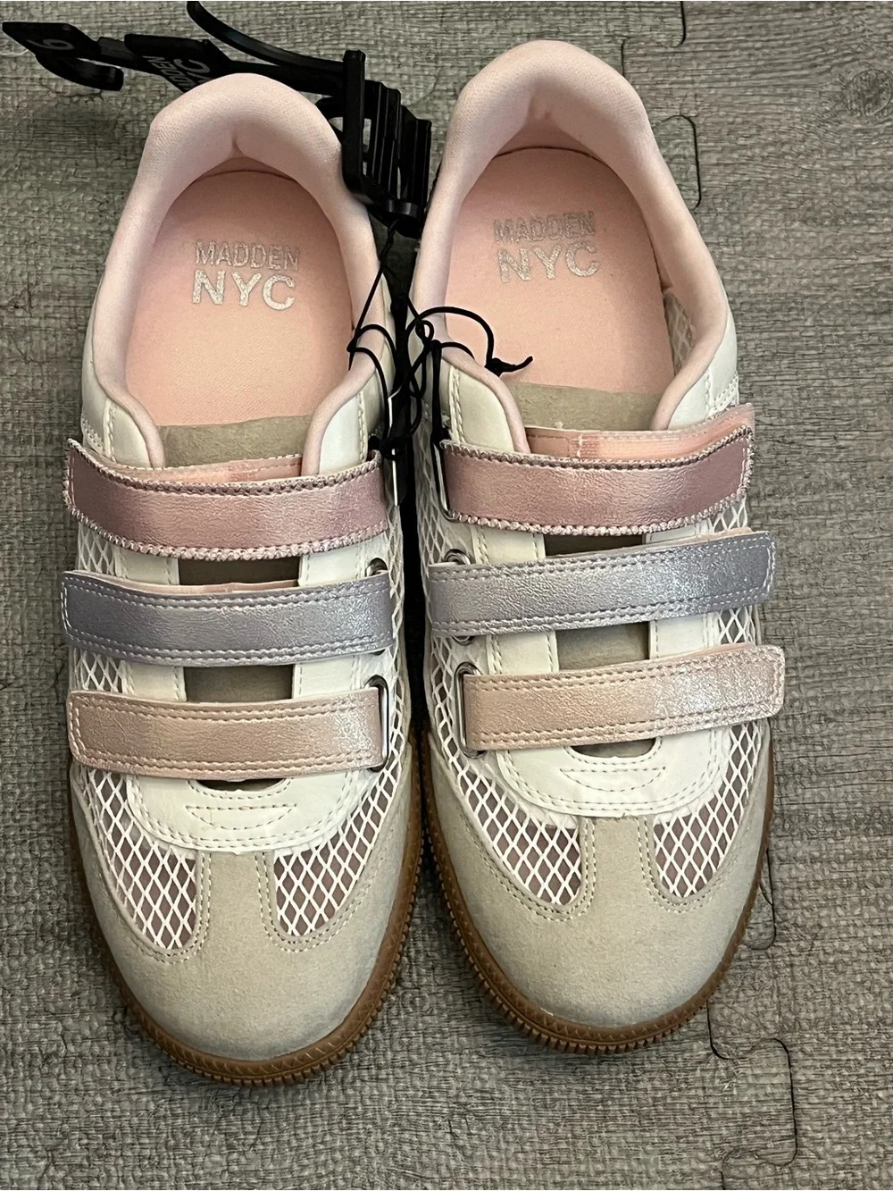 Madden NYC Girls Low Top Athletic Sneakers Hook & Loop Strap White Pink Gray
